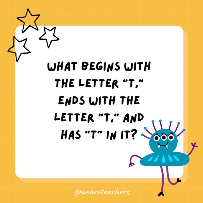 Funny Riddles for Kids a yellow square with a smaller white square and the riddle: What begins with the letter “t,” ends with the letter “t,” and has “t” in it?