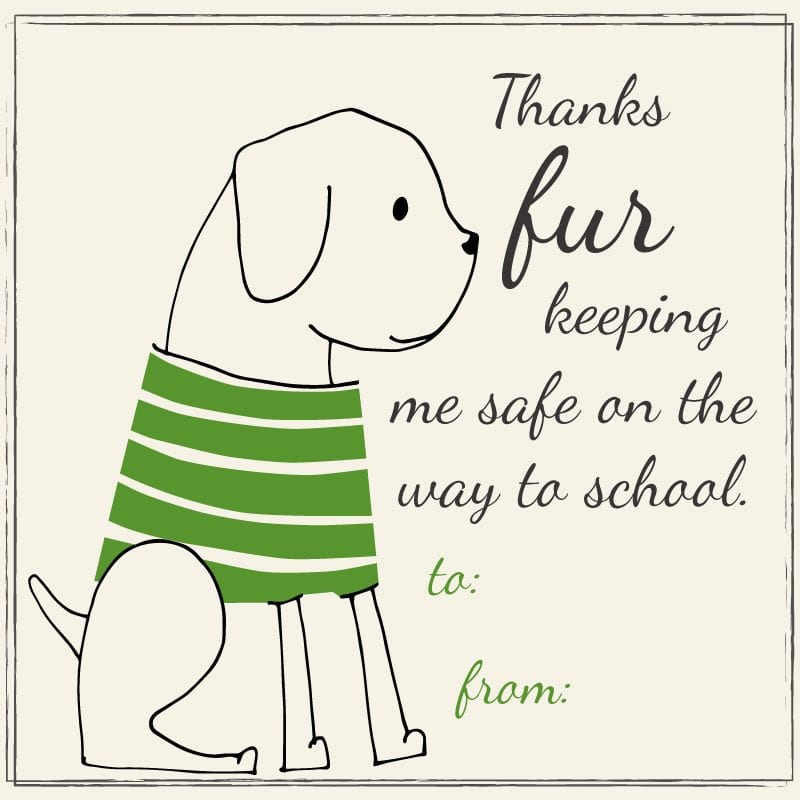 Illustration of a puppy wearing a green striped shirt, with text reading Thank you fur keeping me safe on my way to school.