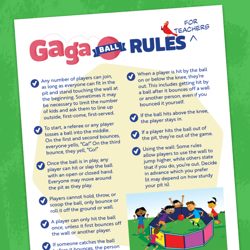 Gaga ball rules instruction sheet for teachers on green background