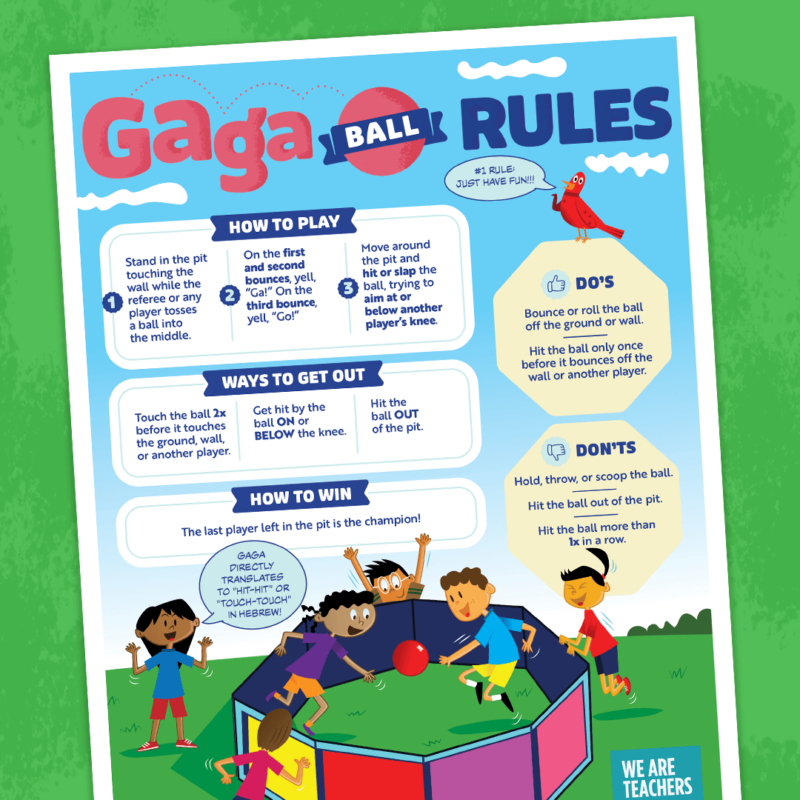 Gaga ball rules poster for students on green background.