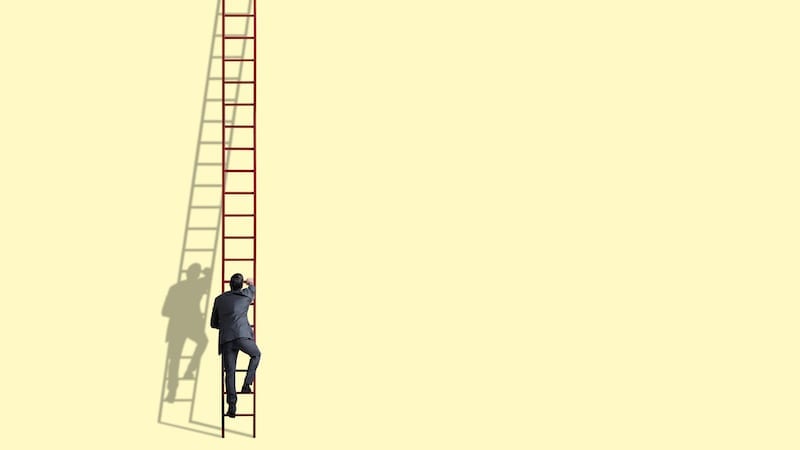 A businessman climbs a tall red ladder against a light yelllow background.