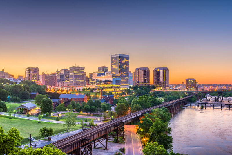 Richmond, Virginia, USA downtown skyline on the river at twilight.- special education teacher salary