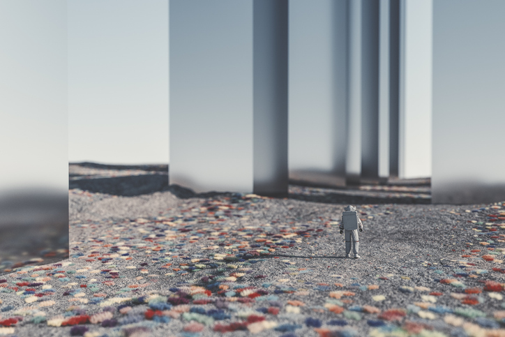 Futuristic astronaut on alien planet.