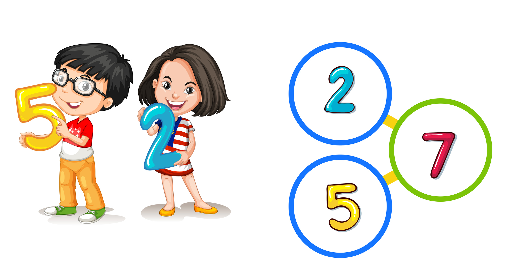 Illustration of number bond 2, 5, and 7 with two cartoon children