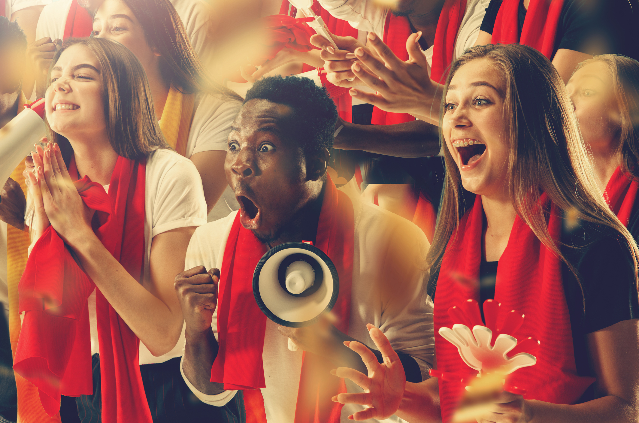 Group of happy fans are cheering for their team victory. Collage made of six models.
