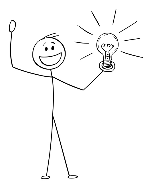 A stick man is shown holding a lightbulb.