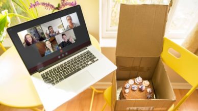 School Video Chat with a Box of Cake in a Chair