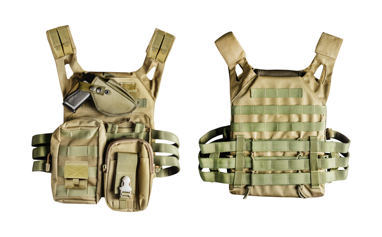 Isolated photo of a military armor olive colored tactical vest molle system with pouches, front and rear view on white background.