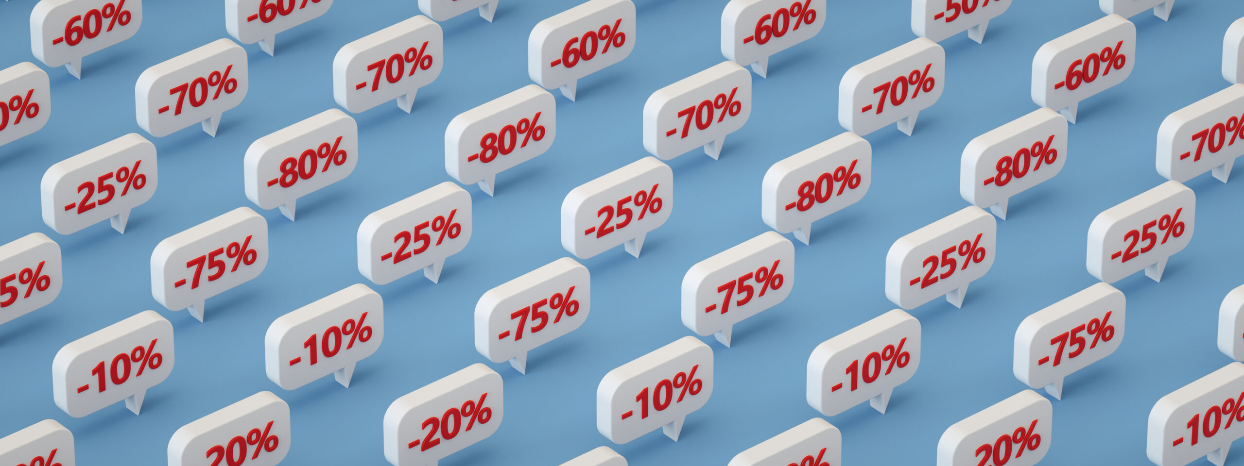 3d rendering of Sale Concept, Percent Sign, Price Discount on Speech Bubble.