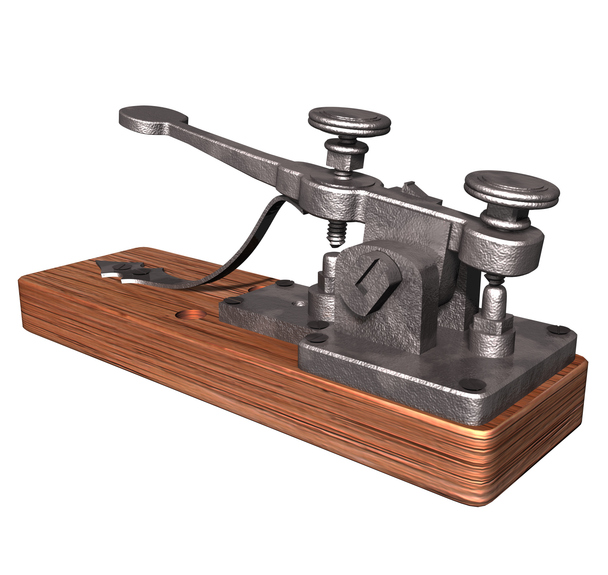 3D Rendering Illustration of an Antique Morse Telegraph Key created in the1830s &1840s by Samuel Morse and other inventors; with wooden base and mobile metal componets for long distant comunications.