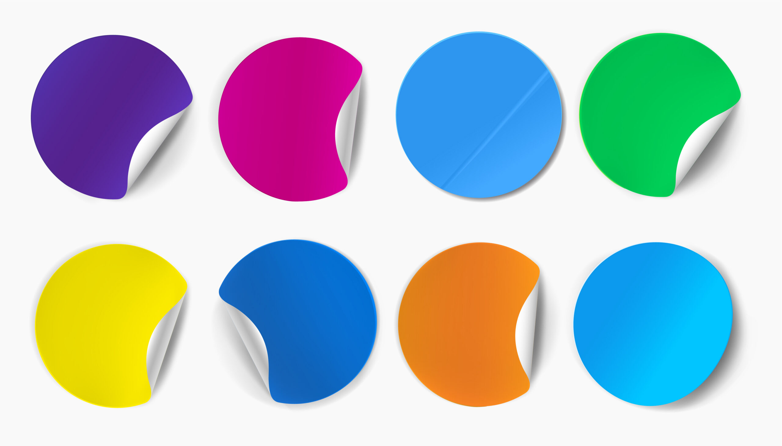 Round label with curved corner and shadow on isolated background. White tags, paper round stickers with peeling corner and shadow, isolated rounded plastic mockup