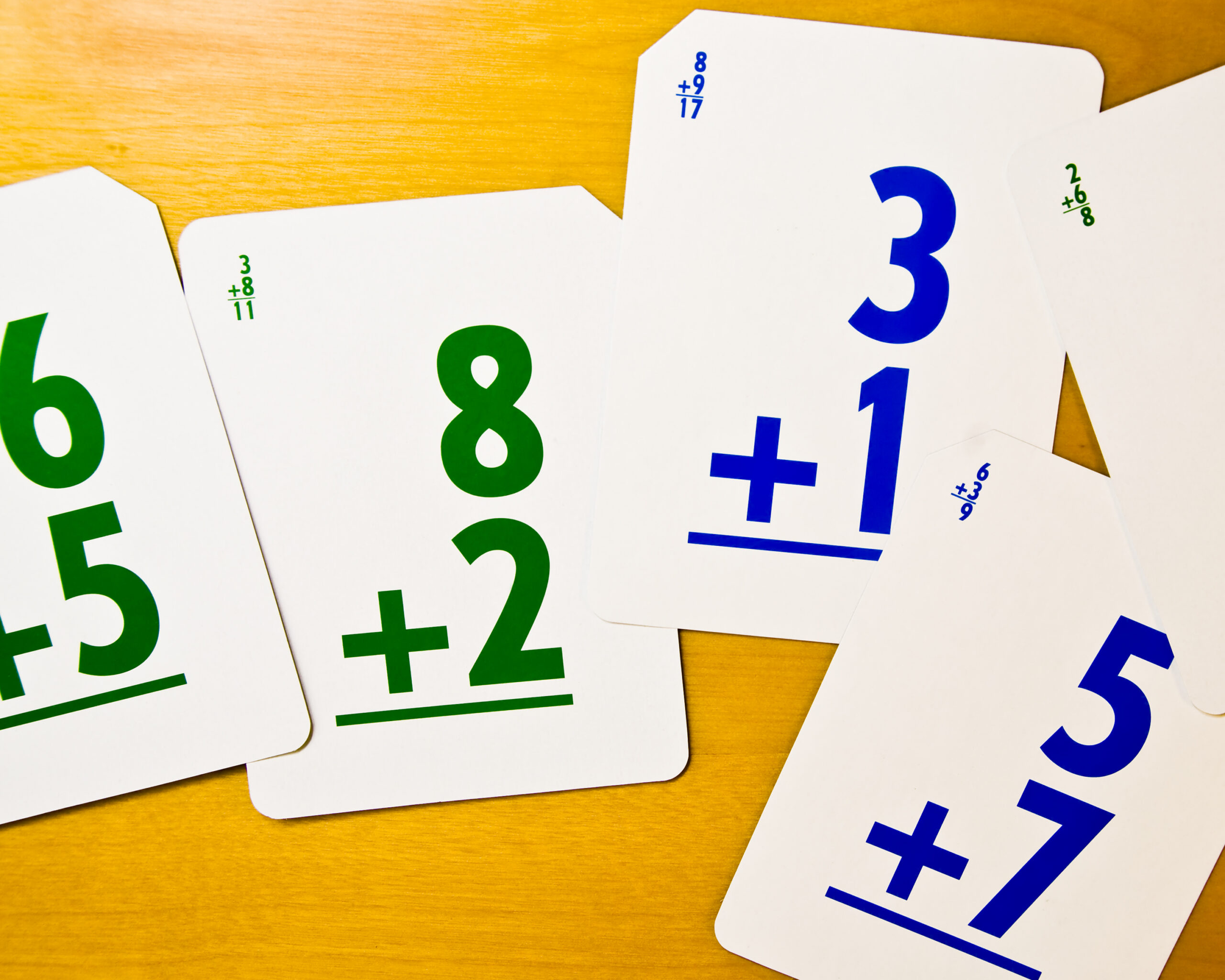 Multicolored addition flashcards.