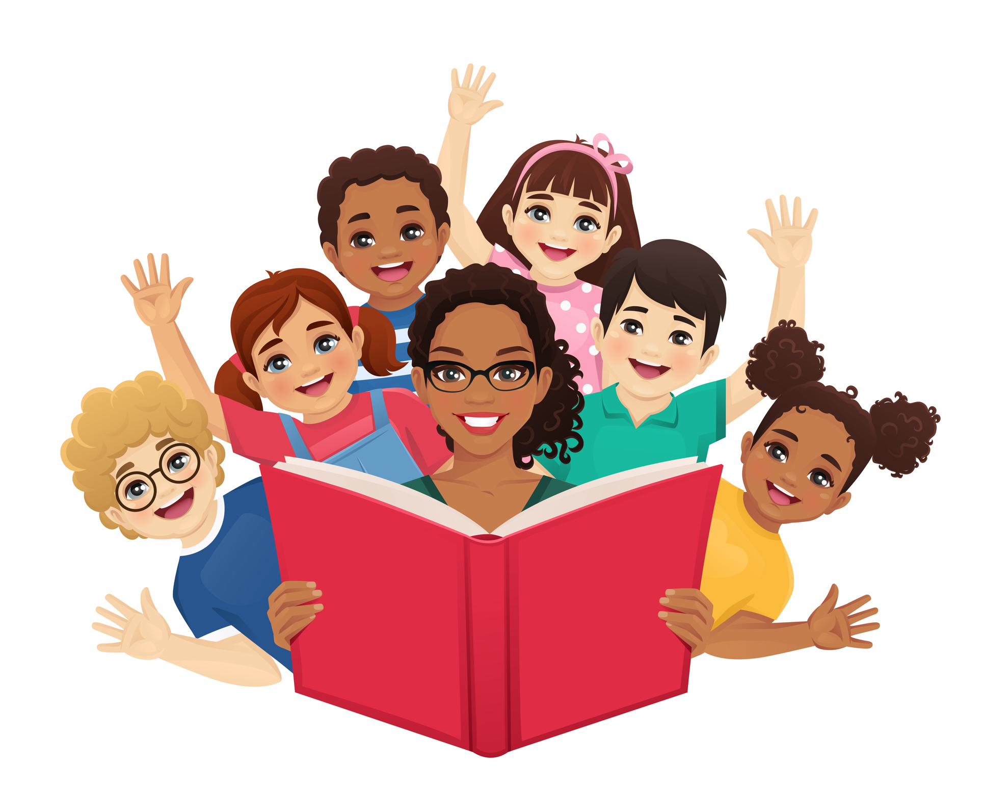 Cute children reading big story book with female African American teacher isolated vector illustration