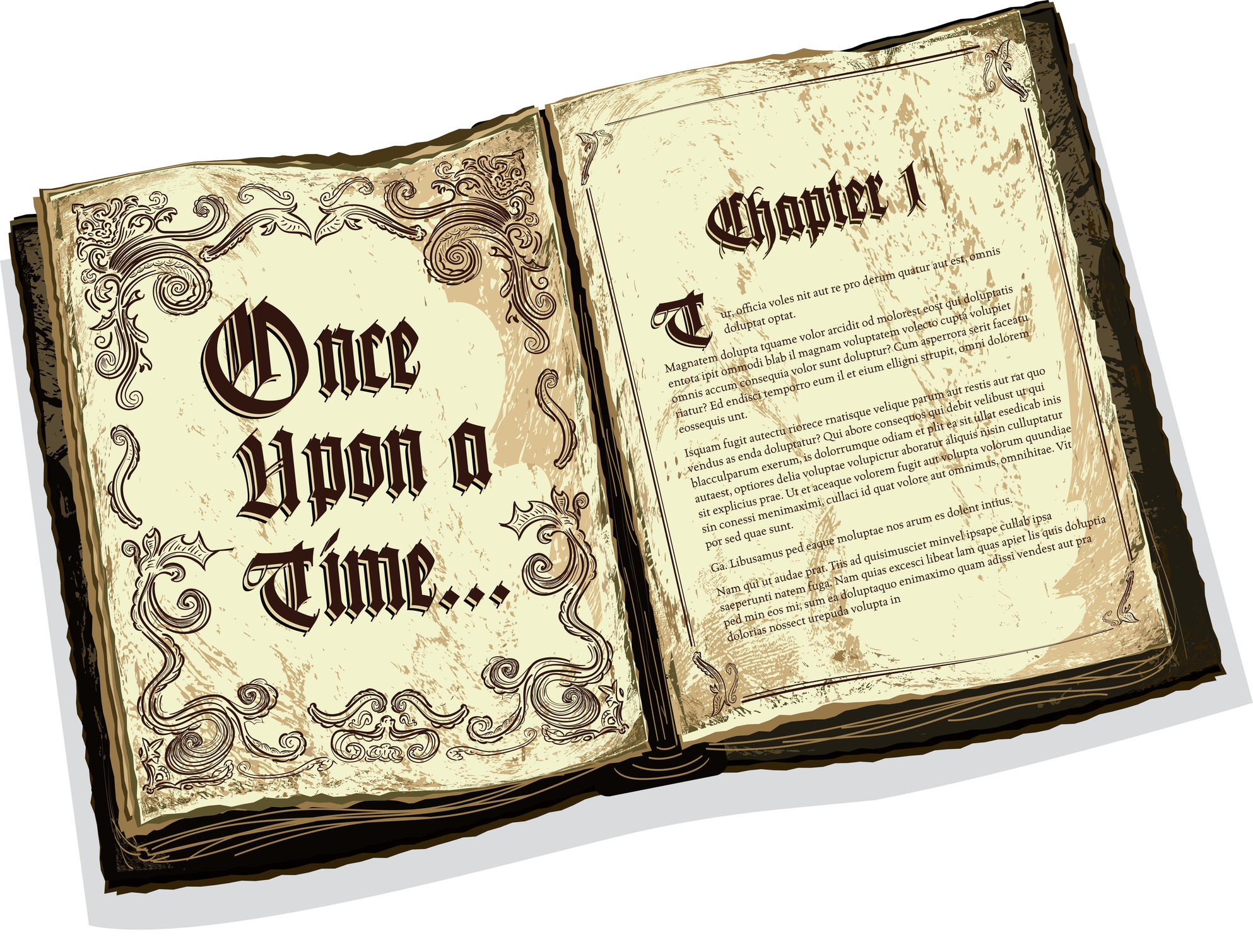 Vector illustration of an old fashioned story book. Hard cover book is featured open and on an angle. Reads "Once Upon a Time..." along with 'Chapter 1' and sample story text. on white background. Lot's of texture to appear worn and old. Illustrator file with layers for easy editing. Download includes Illustrator 8 eps, high resolution jpg and png file.