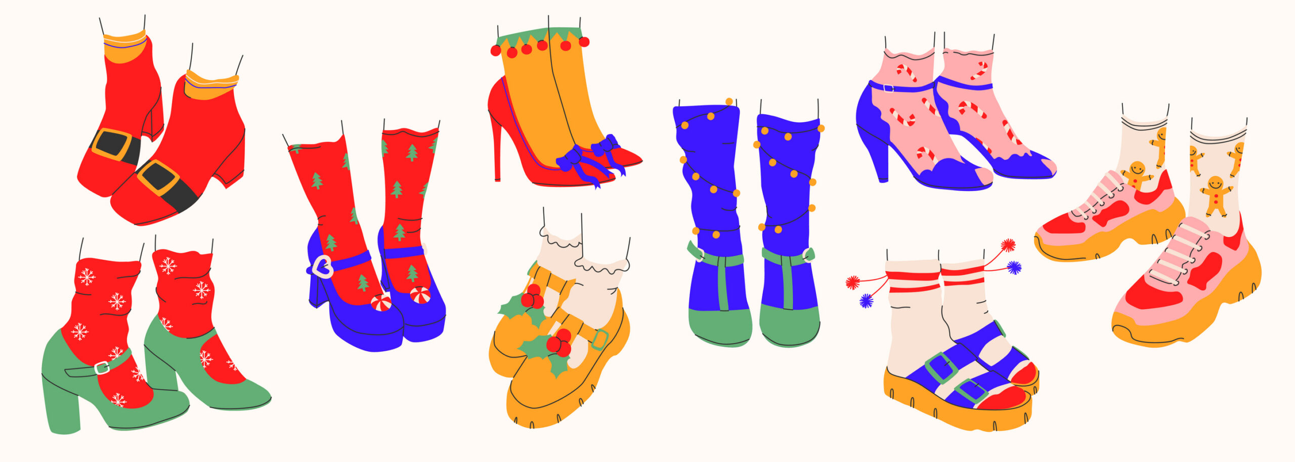 Collection of cartoon feet wearing socks with sandals
