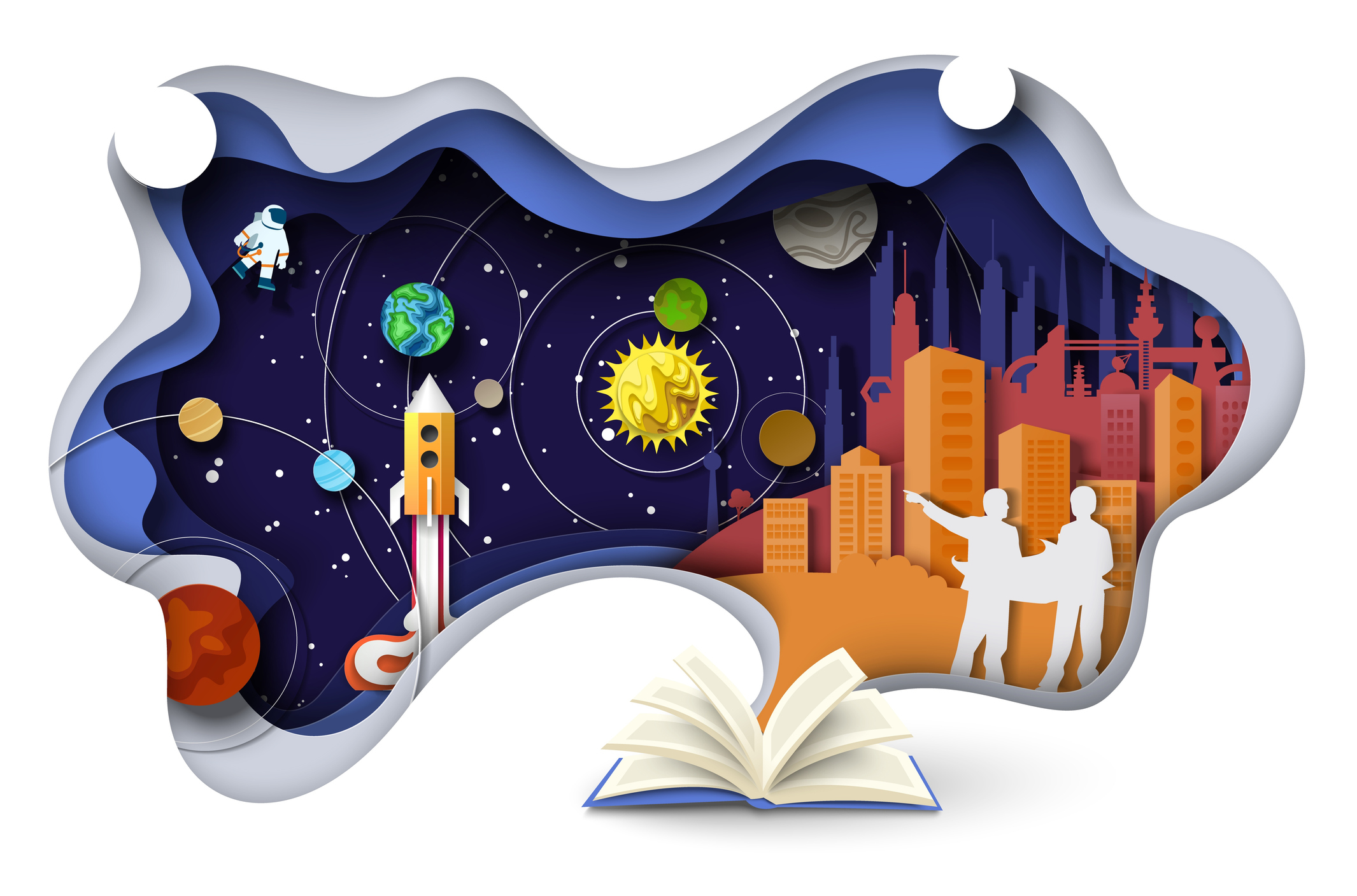 Fantastic book about scientific discoveries space exploration origami paper cut background. Starry sky, planet and constellations, futuristic city building vector illustration