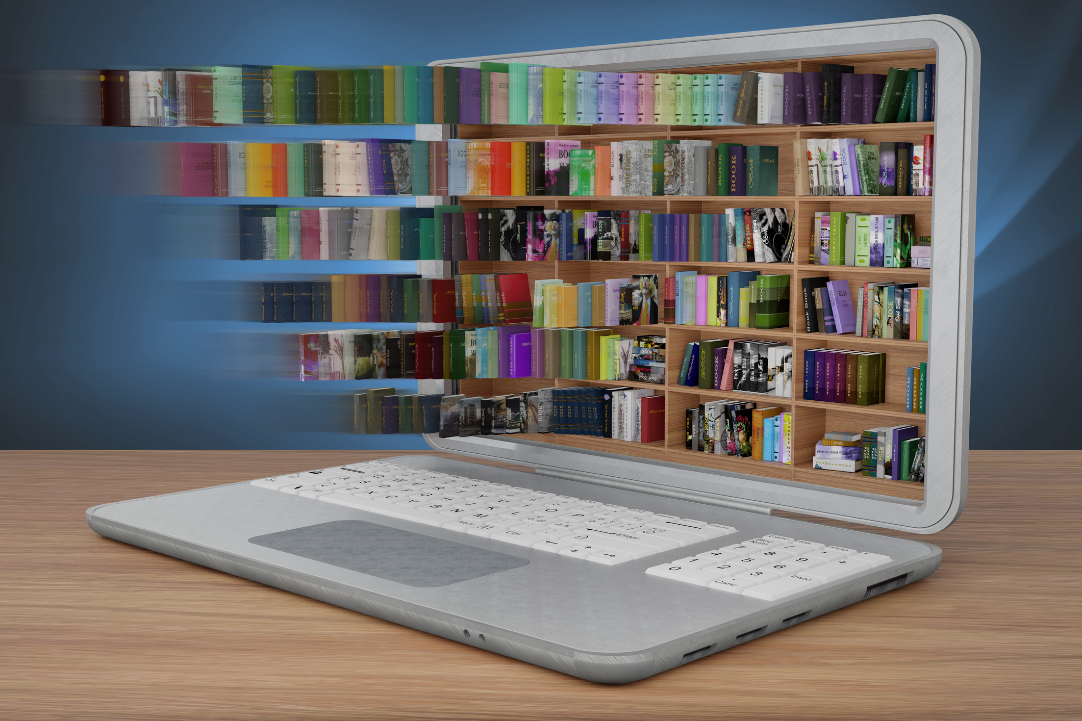 Library, with many books, inside laptop. Ebooks, electronic books, available for download on portable computing devices.
