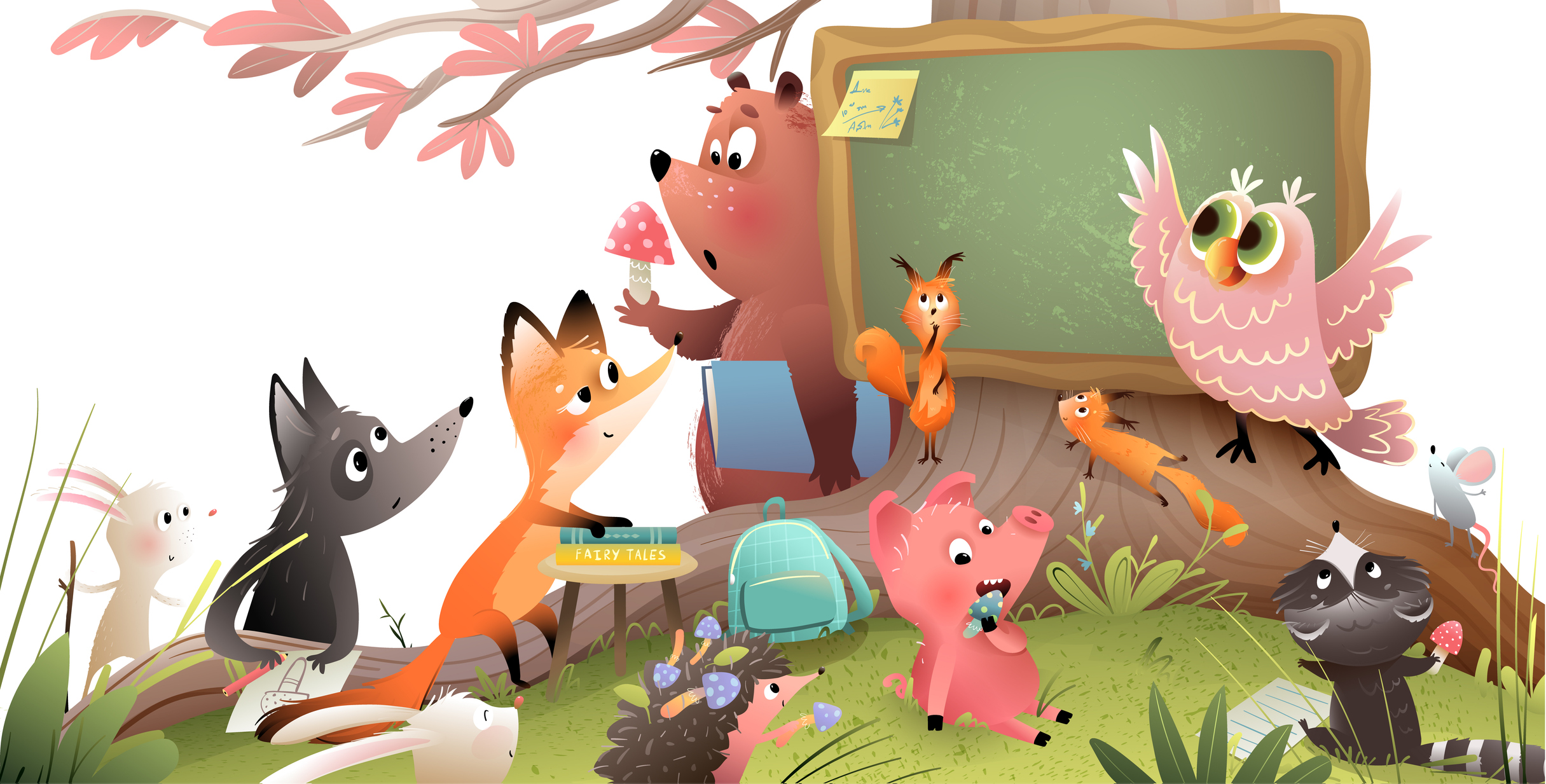 Animals school under big oak tree in the forest on grass lawn. Kids education in woods with forest animals for children. Vector hand drawn colorful graphic illustration for kids.