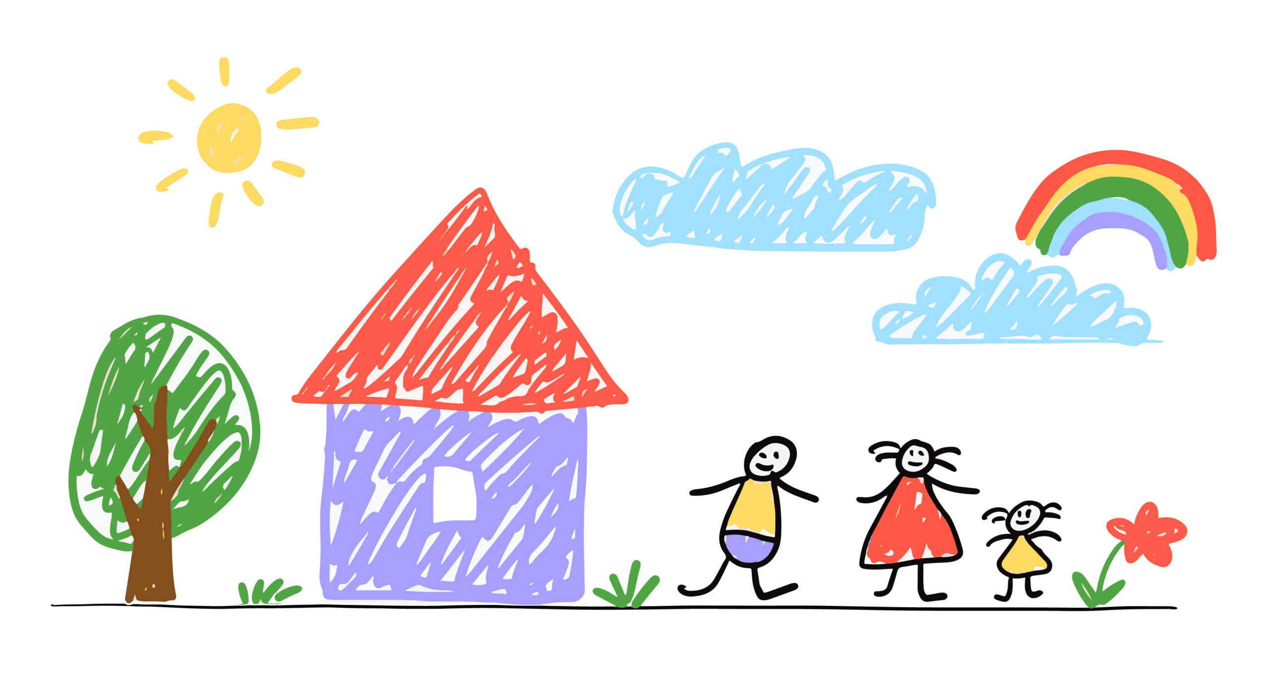 Father Mother Daughter Playing Together. Happy Family Outdoors. Rainbow Sun House Clouds Tree Flower. Vector Flat Color Pencil Drawing Style Isolated on White Background