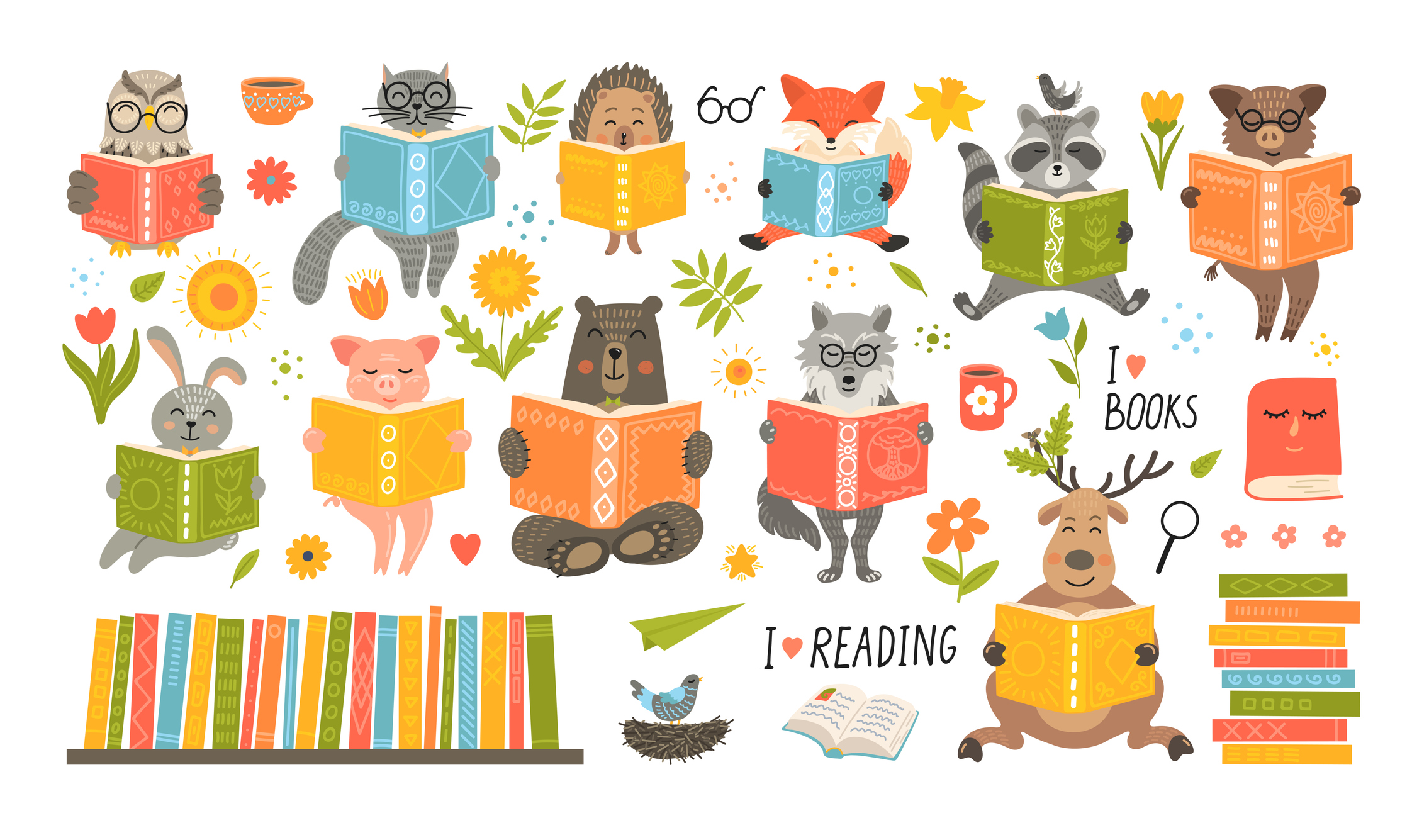 Animals reading book. Spring cute fantasy hand-drawn animals set: cat, hare, fox, owl, rabbit, wolf, pig; boar, bear, hedgehog, boar, deer. Children educational illustration.