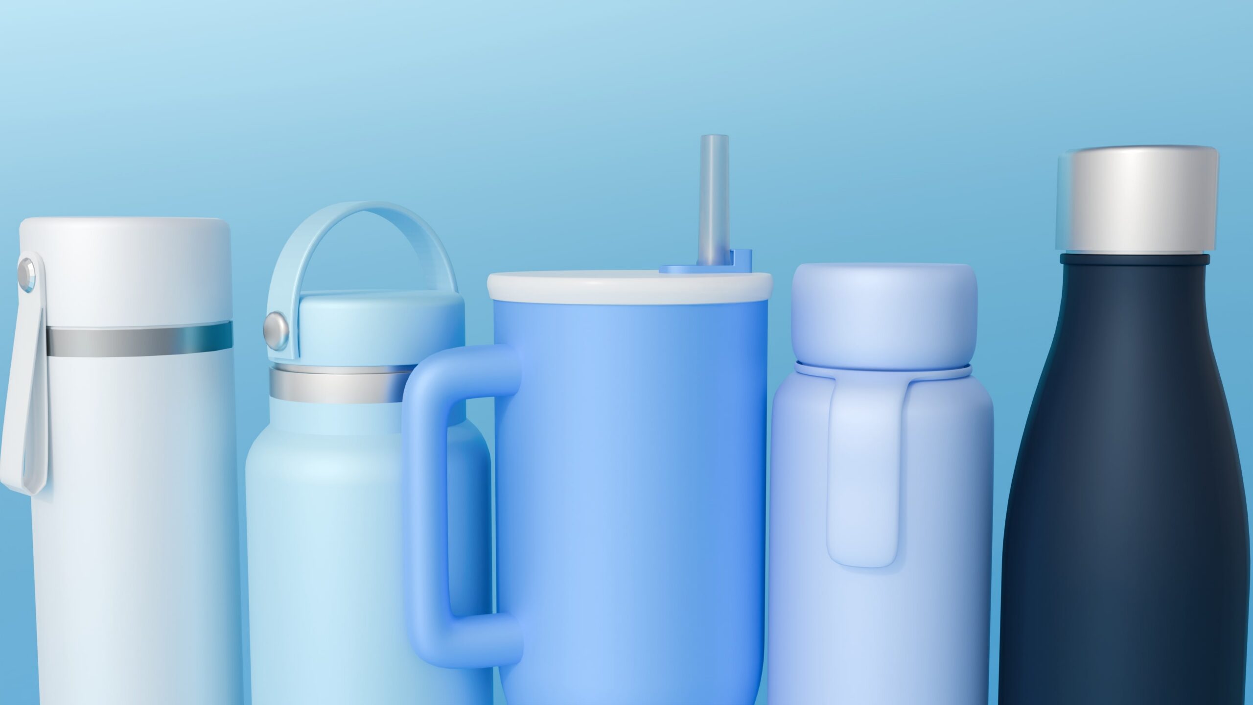 A 3d rendering of a collection various drinkware items or tumblr, all rendered in a monochromatic blue palette, an aesthetic theme.