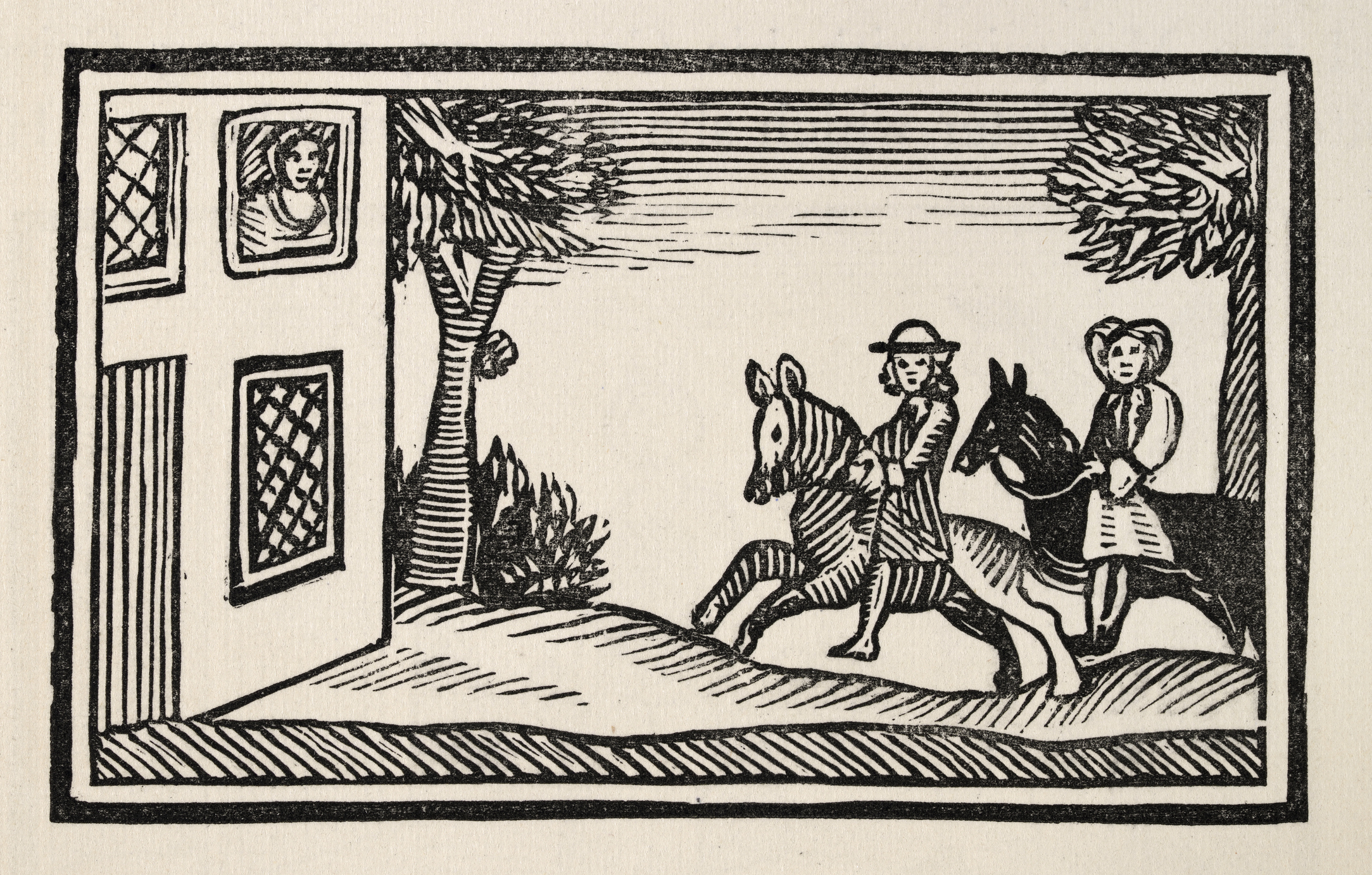 Folklore, Two men riding horses, Woman looking out house window, Woodcut Illustration of an 18th century chapbook, The History of the noble Marquis of Salus and Patient Grissel (Griselda)