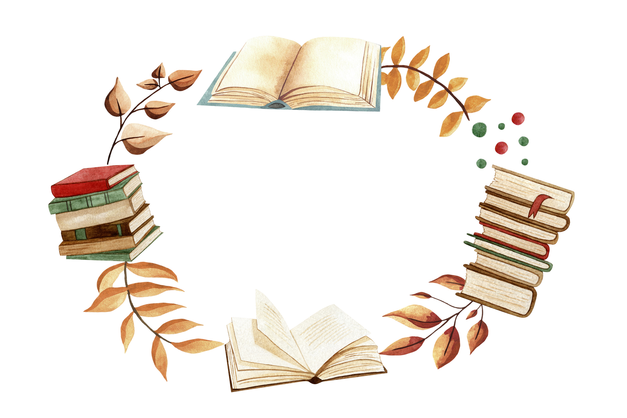 Watercolor oval frame with stacks of books, open books and autumn leaves. Educational and back to school theme, hand drawn.