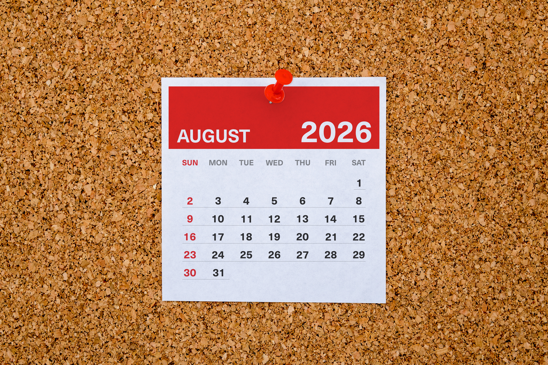 August 2026 calendar page pinned with a red thumbtack on a cork board. Simple monthly planner concept, useful for schedule, deadline, reminder, and organization themes.