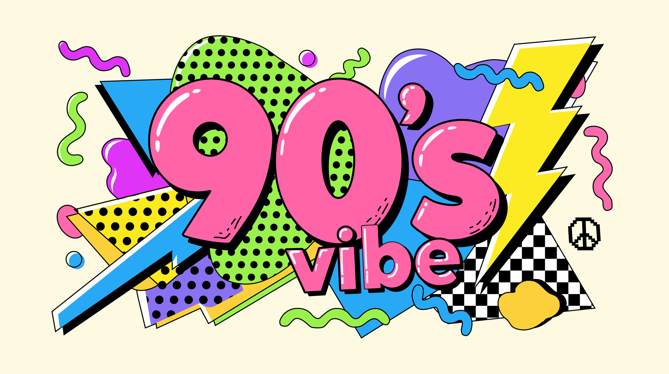 Vibrant 90s nostalgia design featuring pink bubble lettering, geometric shapes, lightning bolts, and Memphis patterns. Perfect for retro posters, t-shirts, and party decor
