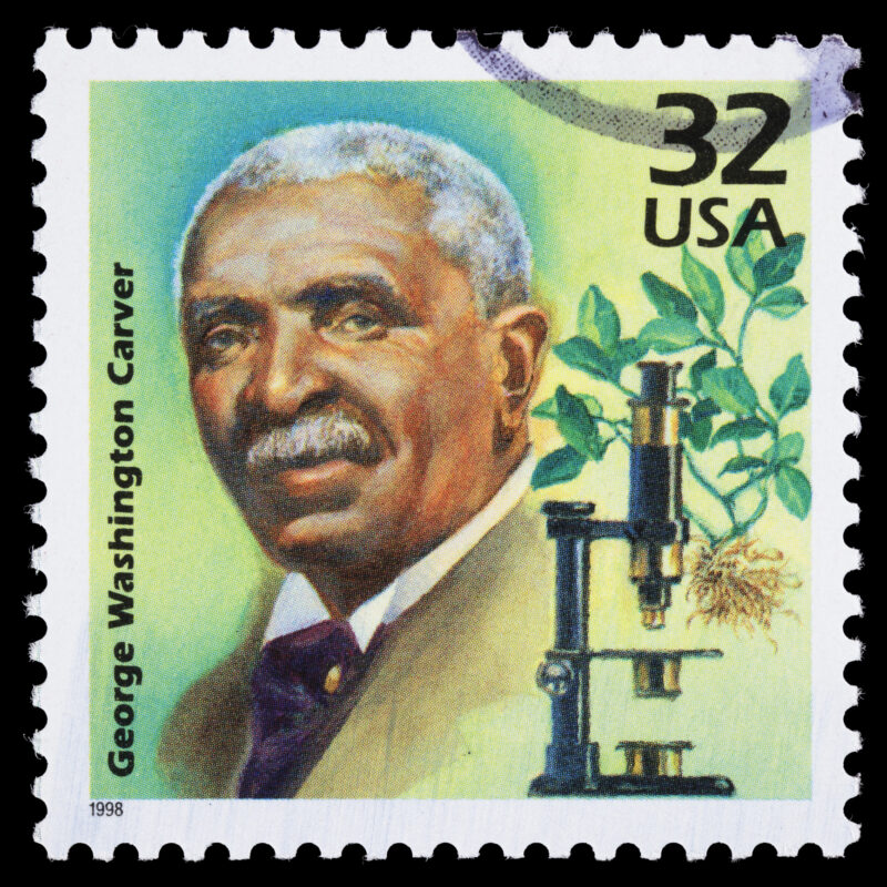 Sacramento, California, USA - March 28, 2011: A 1998 USA postage stamp with a portrait of George Washington Carver (1864-1943). Carver was a botanist, inventor, educator, and agricultural researcher. He is perhaps best known for his work in finding hundreds of uses for peanuts.