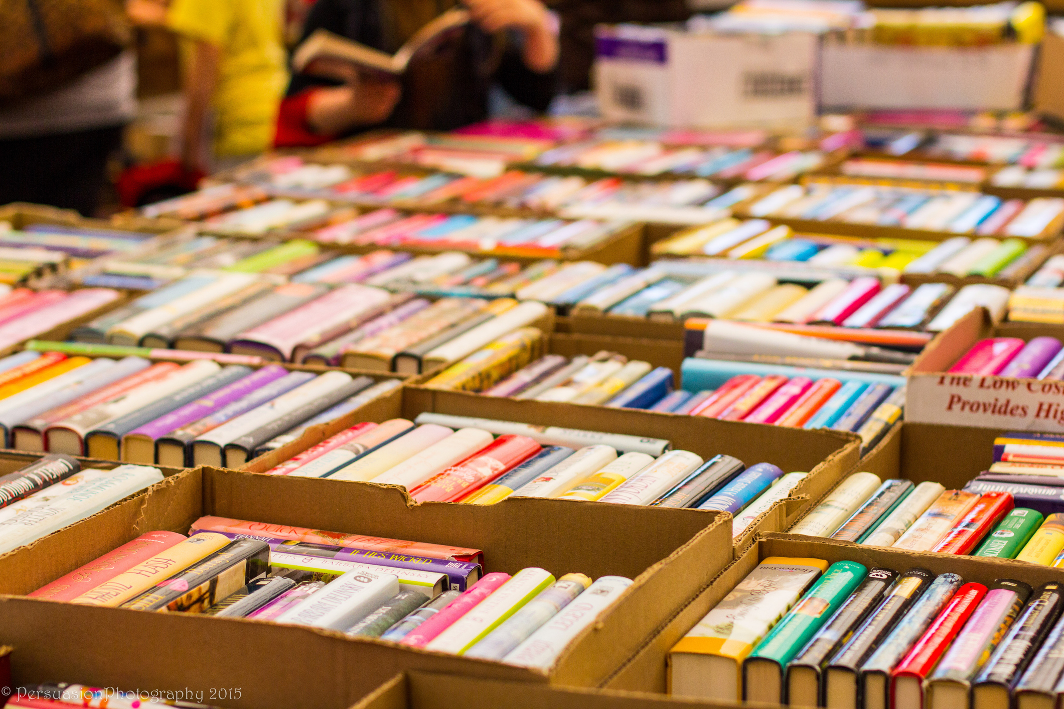 Colorful books in rows of boxes
