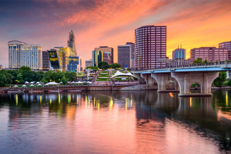 Hartford, Connecticut, USA Skyline on the river at sunset.