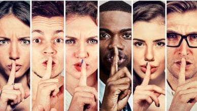 Group of people men women with finger on lips gesture
