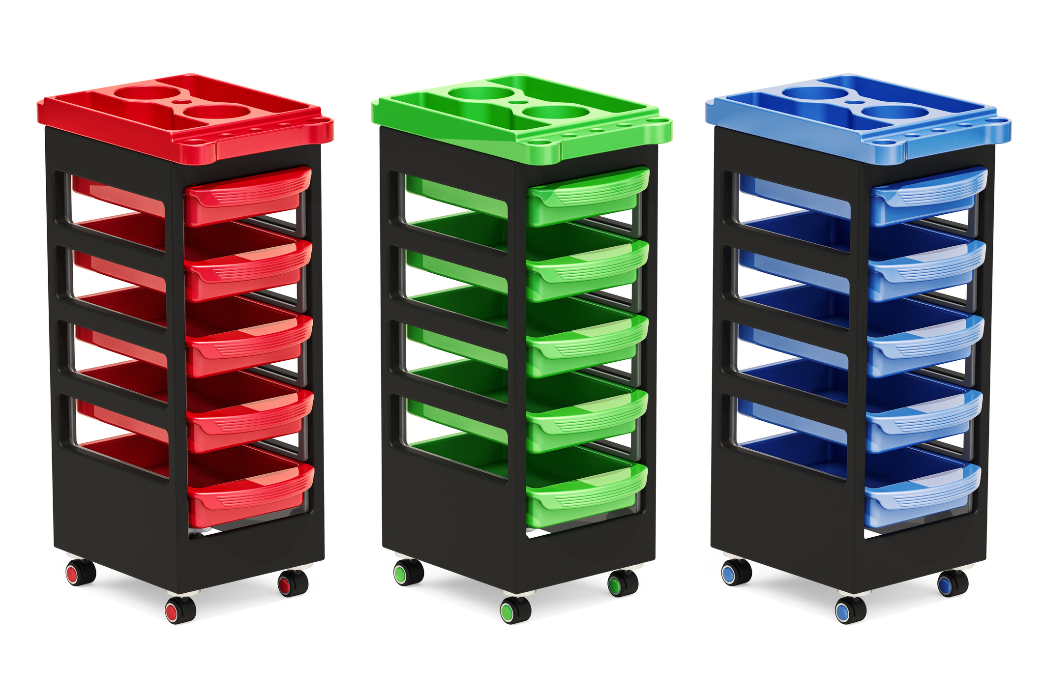 Set of colored storage trolleys with drawers, 3D rendering isolated on white background