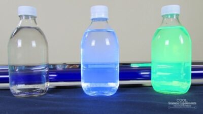 Three bottles of water, one clear, one glowing blow, and one glowing green