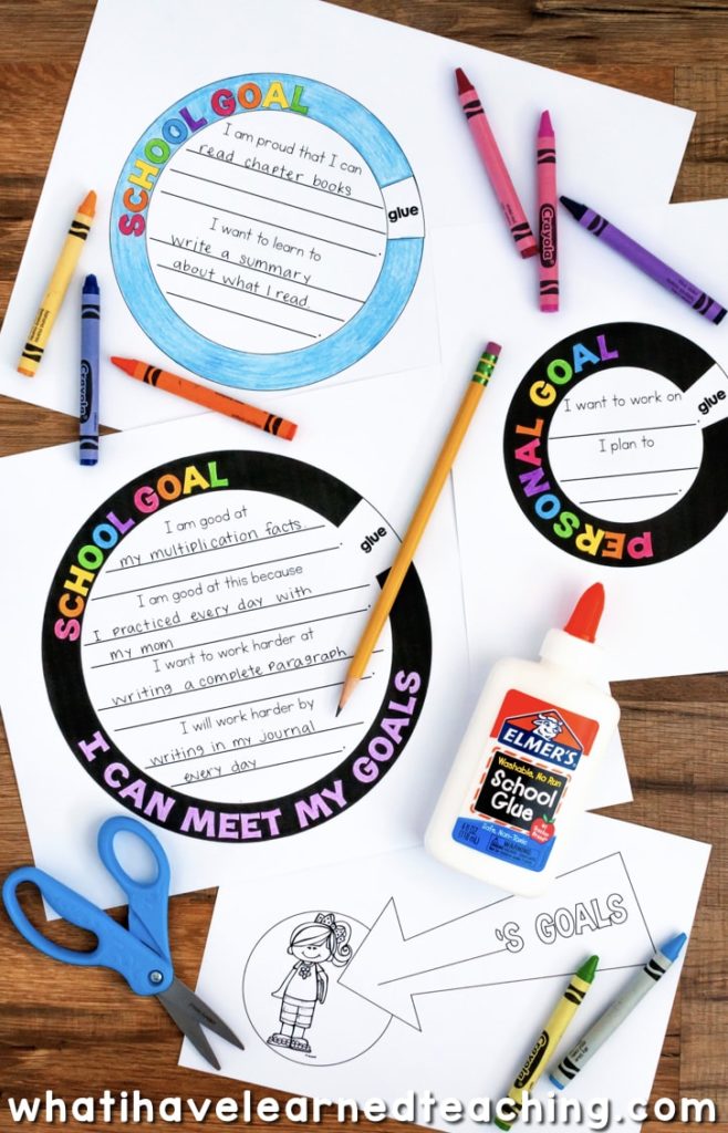 Three student worksheets with circles and writing prompts for students to set goals