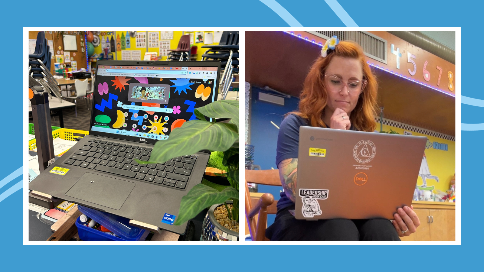 Google Chromebook feature image of a teacher using her Chromebook and a Chromebook open to the Google homepage