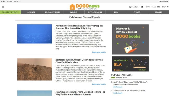 Screen shot of DOGOnews website homepage, as an example of Google Classroom apps