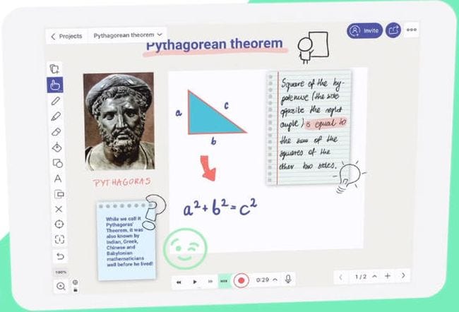 Screenshot of Explain Everything whiteboard app showing information on the Pythagorean theorem