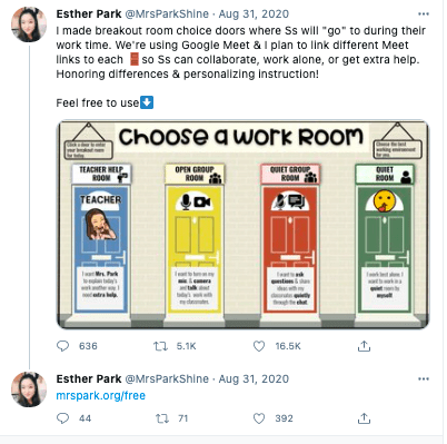 Twitter post from Ester Park includes image of virtual choice doors as breakout rooms on Google Meet