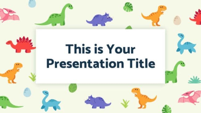 Google Slides template with colorful cartoon dinosaurs and text reading "This is Your Presentation Title"