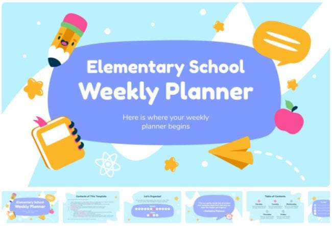 Elementary School Weekly Planner slides with a cheerful school supplies theme