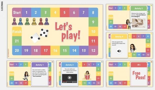 Colorful Google Slides templates with a board game theme