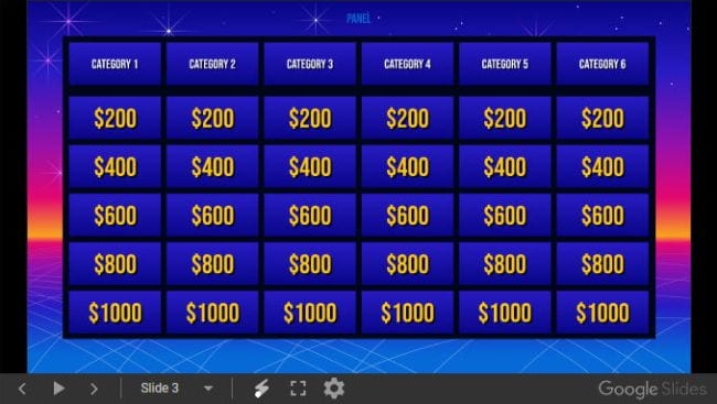 Google slides template with a Jeopardy theme