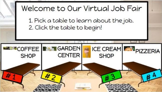 Virtual job fair Google slides theme. "Welcome to Our Virtual Job Fair. 1. Pick a table to learn about the job. 2. Click the table to begin!" Tables are labeled coffee shop, garden center, ice cream shop, and pizzeria.