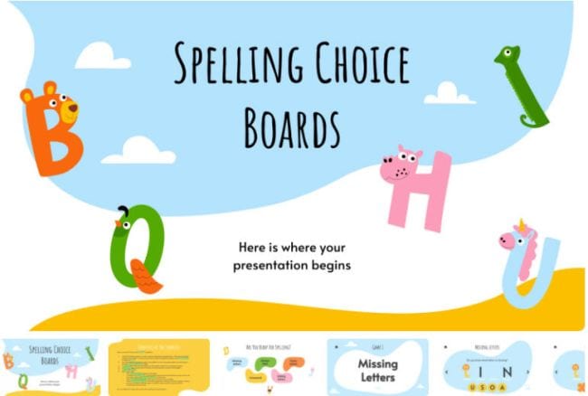 Spelling Choice Boards Google Slides templates with cartoon alphabet letters