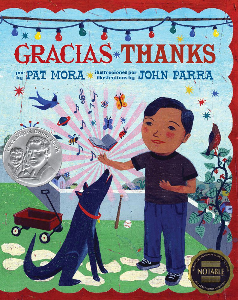 Book cover of Gracias/Thanks by Pat Mora with illustration of Hispanic boy and his dog.