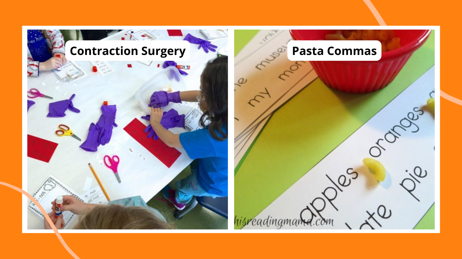 Examples of grammar games including pasta commas and contraction surgery