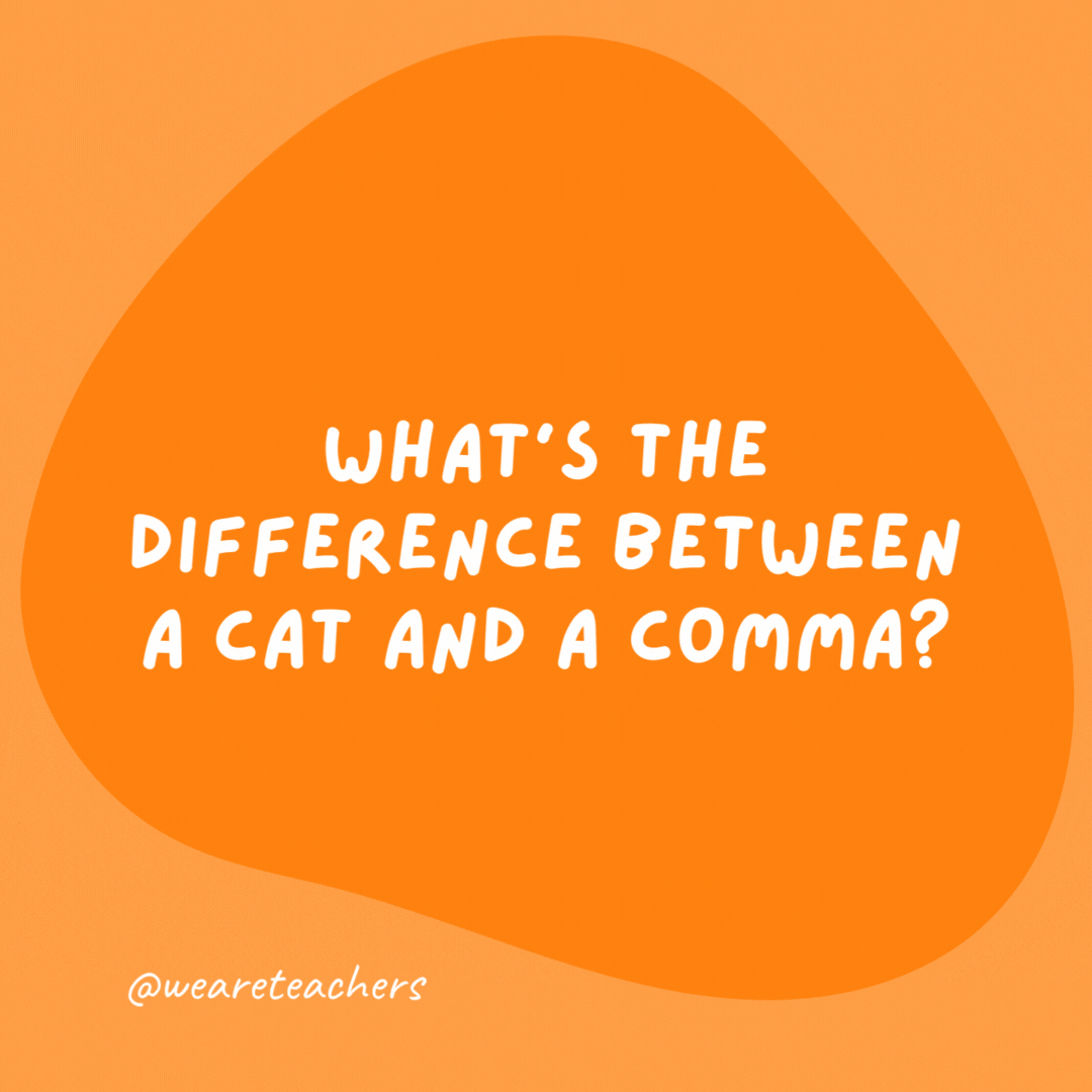 What’s the difference between a cat and a comma? One has claws at the end of its paws, and the other is a pause at the end of a clause.