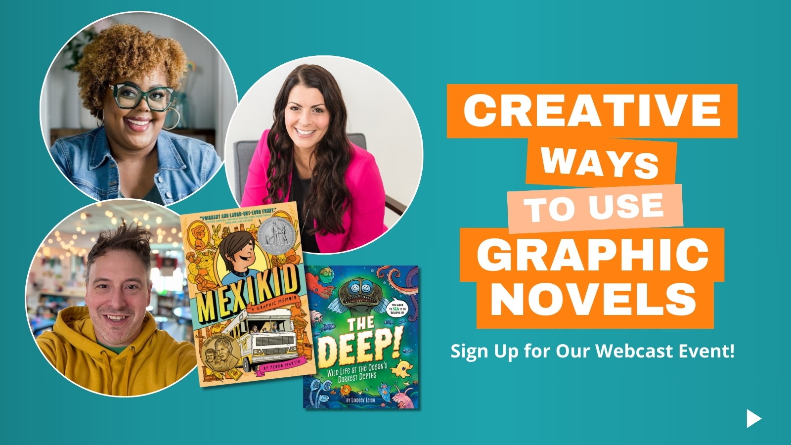 Webcast hosts with text 'Creative Ways to Use Graphic Novels'